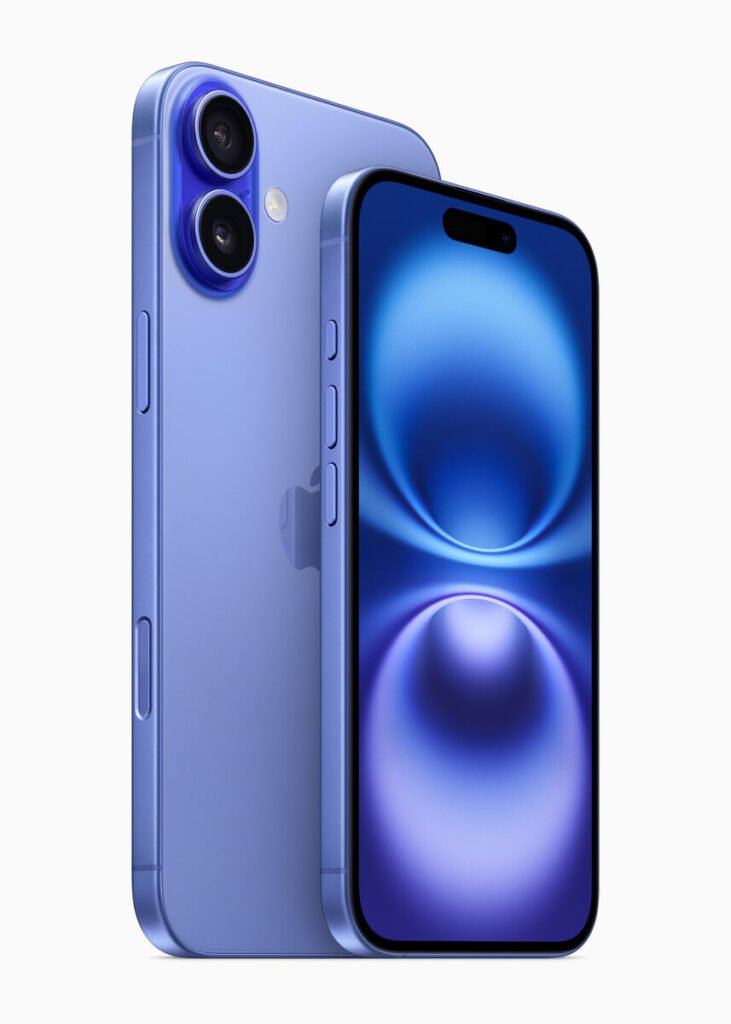 Front-facing view of Apple iPhone 16 in blue, showcasing edge-to-edge OLED display with iOS home screen; high-resolution product image ideal for tech reviews and e-commerce.