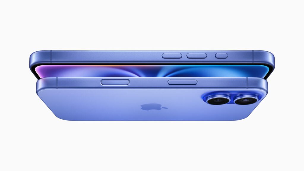 Side view of two blue iPhone 16 units stacked together; top phone shows a vibrant display while the bottom highlights the rear dual-camera system and Apple logo, emphasizing the slim profile and sleek design.