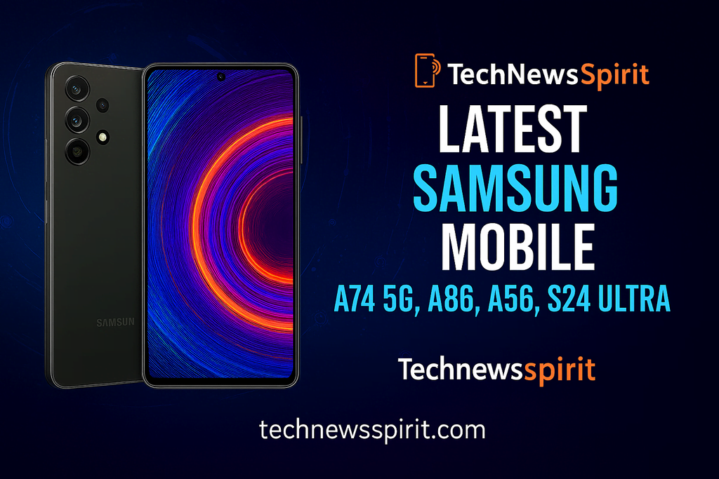 Featured image for TechNewsSpirit showcasing latest Samsung smartphones—A74 5G, A86, A56, and S24 Ultra—against a futuristic digital background with vibrant lighting, abstract tech patterns, and bold typography.