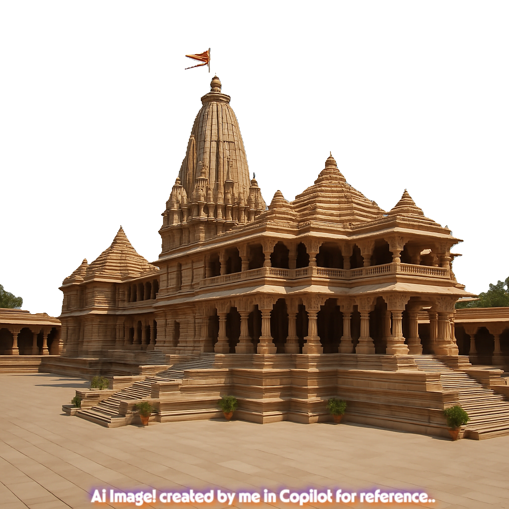 Grand view of the newly built Ram Temple in Ayodhya, a symbol of devotion and Indian heritage.