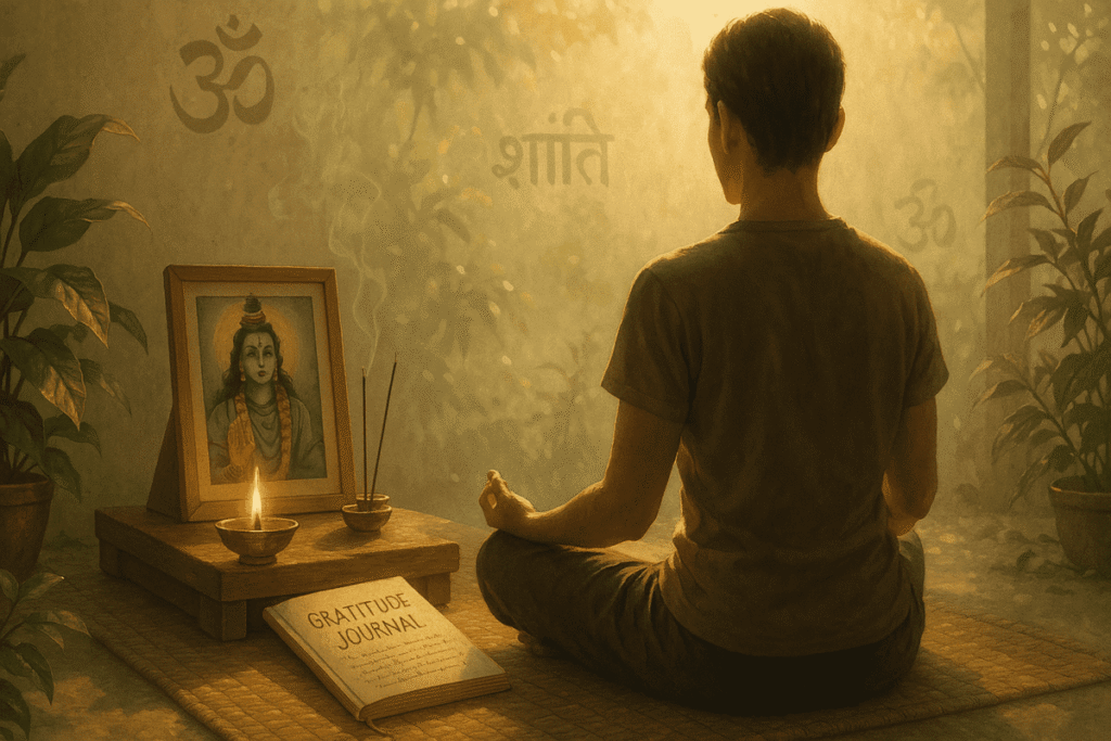 A serene sunrise over a temple silhouette with a devotee offering prayers—symbolizing daily gratitude and spiritual awakening rooted in Vedic tradition.