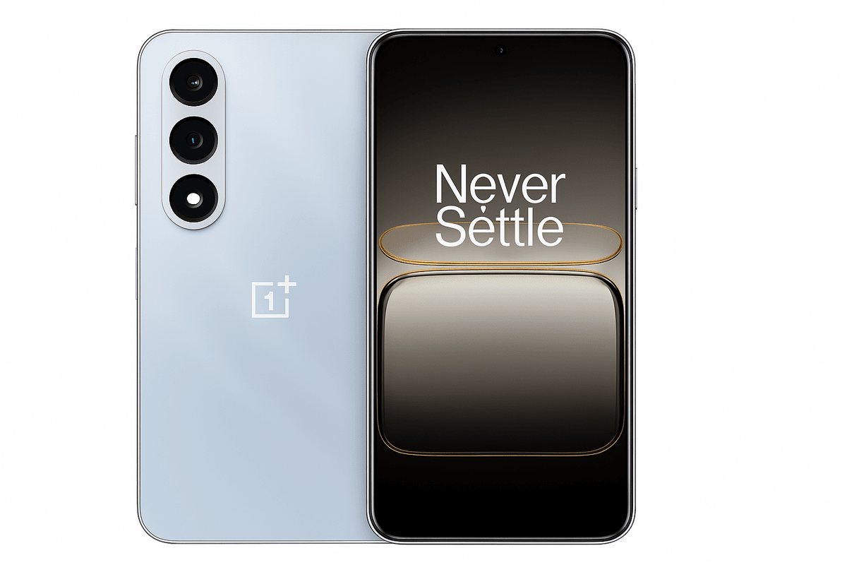 Stylized image of a sleek cosmic blue OnePlus Node 5 smartphone with a triple camera setup, labeled ‘50MP Camera’. Set against a clean white background, the phone features a minimalist premium design ideal for tech blog use.