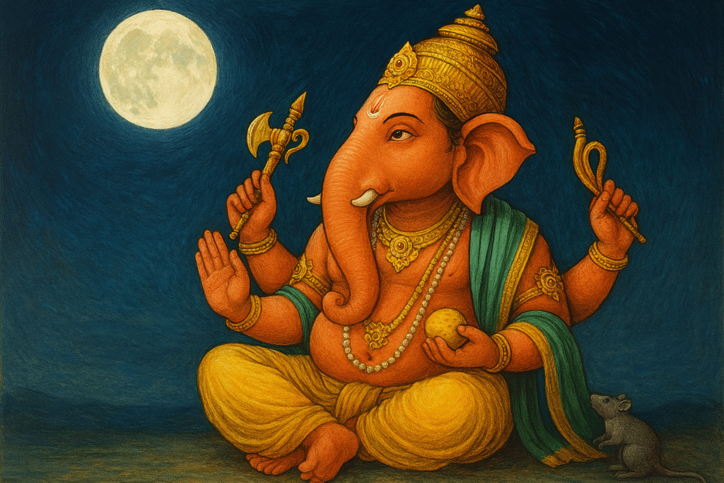 Intricately detailed Lord Ganesha and Moon.