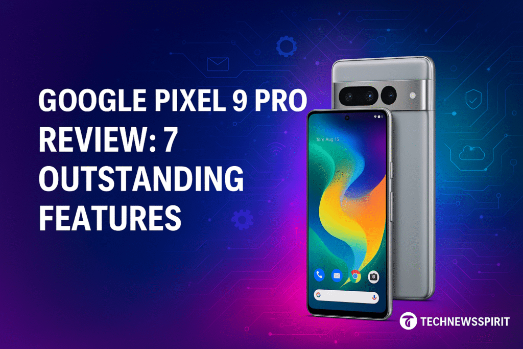 Featured image for TechNewsSpirit blog post titled “Google Pixel 9 Pro Review: 7 Outstanding Features,” showcasing a sleek Pixel 9 Pro smartphone with a vibrant, futuristic digital background, glowing tech icons, and bold white title text.
