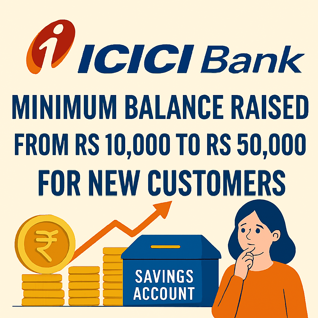 Illustration showing ICICI Bank’s new Rs 50,000 minimum balance policy for new customers, with visual elements of savings accounts, financial growth, and customer impact.