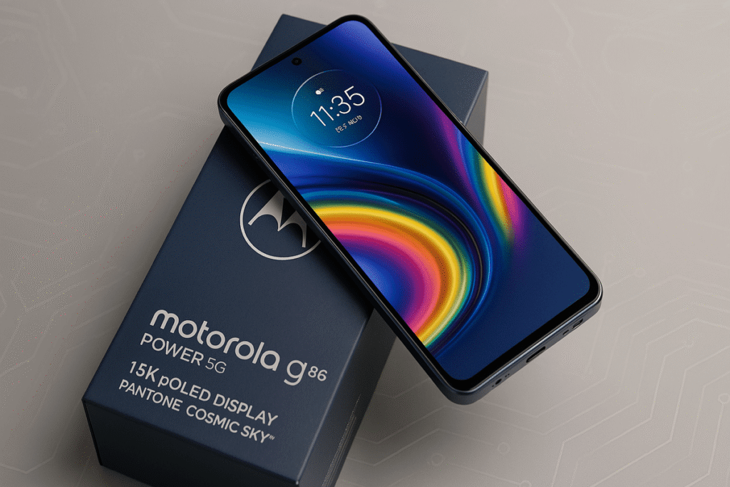 Motorola G86 Power 5G smartphone in Pantone Cosmic Sky color placed on its official retail box. The phone displays a vibrant 1.5K pOLED screen with colorful swirling wallpaper. Key features like the triple-lens camera module and Motorola branding are clearly visible. Background is soft-lit with modern abstract circuitry.