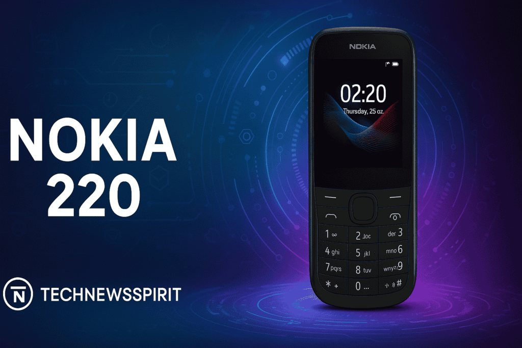 Nokia 220 4G feature phone displayed against a futuristic digital background with abstract tech patterns, vibrant lighting.