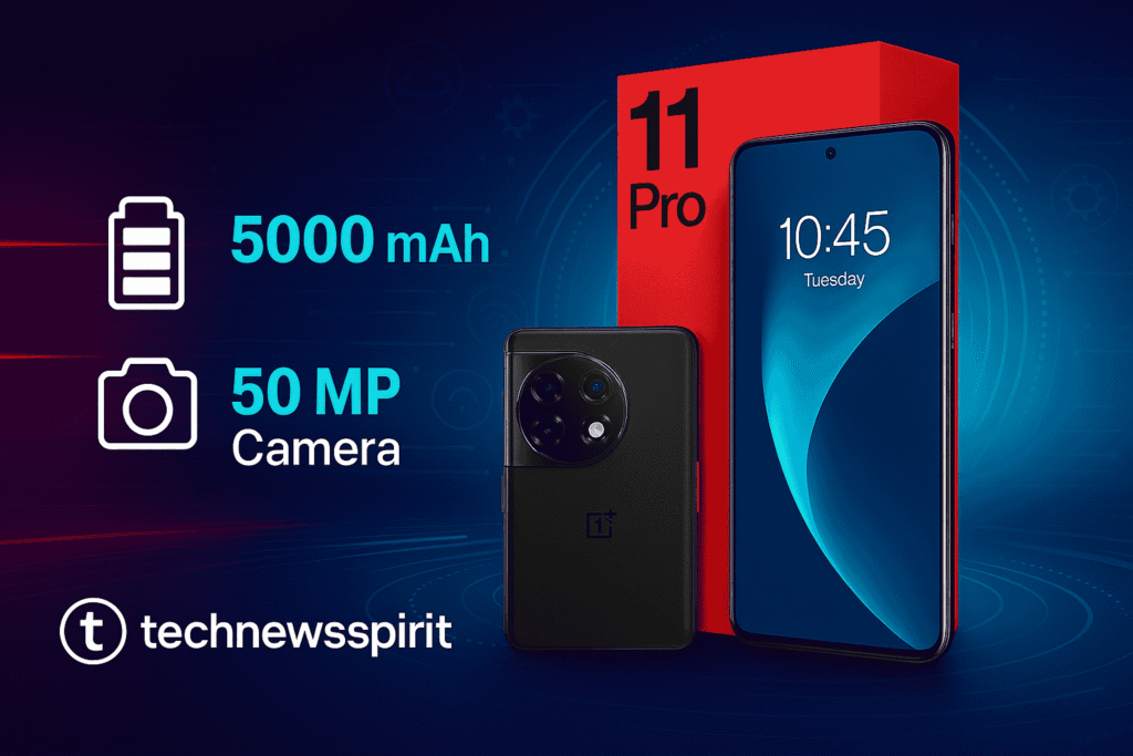 Clean, informative image of the OnePlus 11 Pro smartphone for blog post. Shows front and back views of the phone with callouts for '5000 mAh battery' and '50 MP camera' using simple icons. Light grey minimal background.