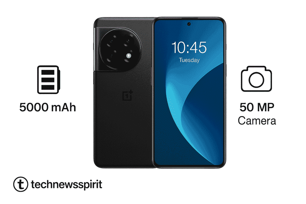 Eye-catching featured image showcasing a sleek smartphone and its red '11 Pro' box. The phone displays a vibrant screen with time '10:45' and day 'Tuesday'. Key specs 5000 mAh battery and 50 MP camera are highlighted with simple icons. The background features neon tech patterns and digital icons.