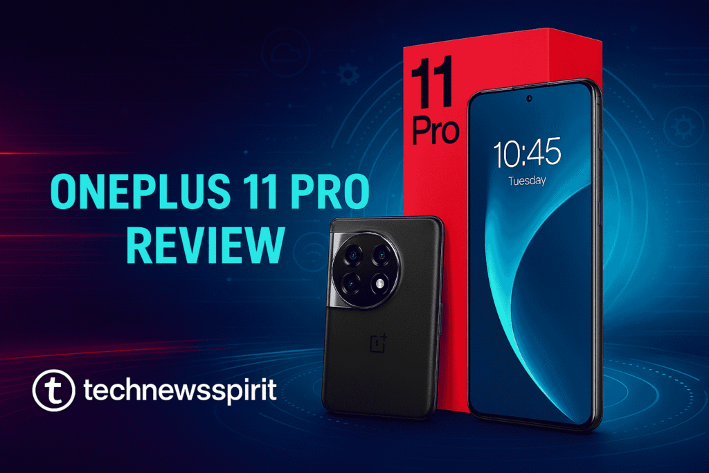 Futuristic featured image showing the OnePlus 11 Pro smartphone and its red retail box. The phone displays a vibrant screen with the time '10:45' and day 'Tuesday'. The background includes neon tech elements, digital icons, and abstract patterns. Blog title space is included.