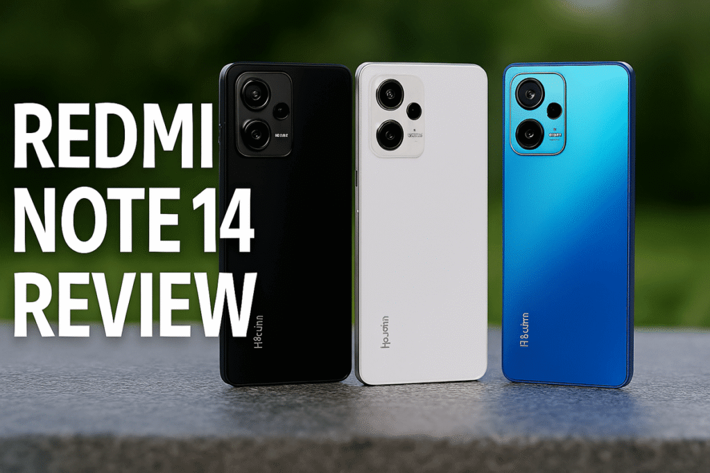 Realistic illustration of the Redmi Note 14 Pro+ smartphone standing upright beside its branded retail box on a light wooden surface. The phone features a glossy blue gradient back with a 200MP triple-camera module and 'Redmi' branding. The box highlights the phone’s display and key specs: 200MP camera and 5000mAh battery. Warm lighting and soft shadows enhance the premium look.