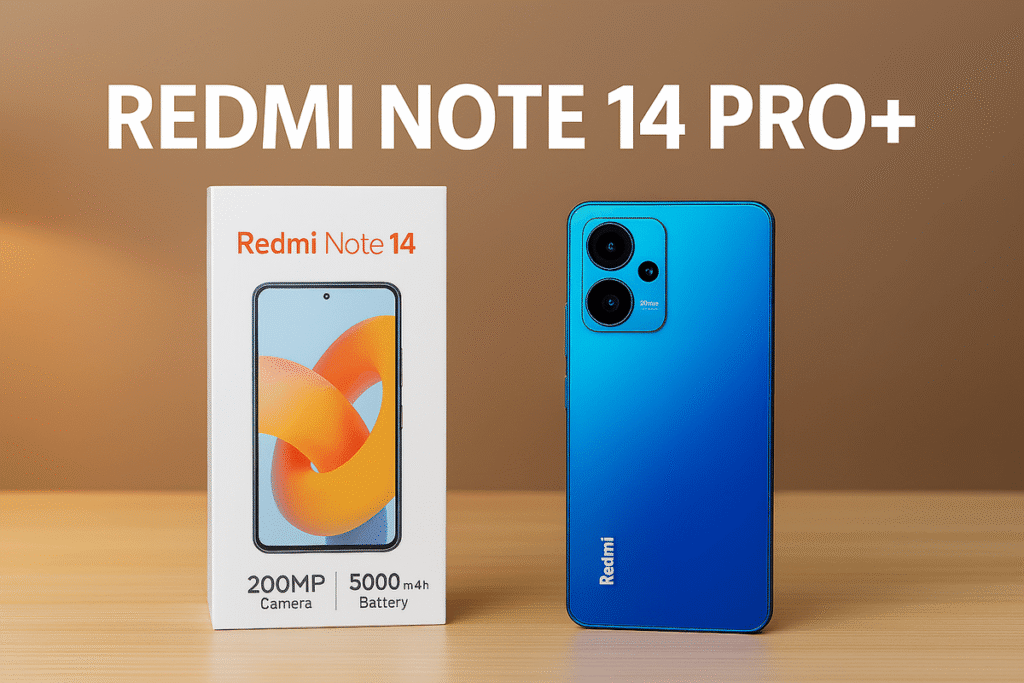 Illustration showing the Redmi Note 14 Pro+ connected to a charger, with visual indicators of fast charging and battery health. A glowing battery icon displays '5000mAh' capacity, and the phone screen shows a charging animation. The background includes subtle tech-themed graphics and ambient lighting.