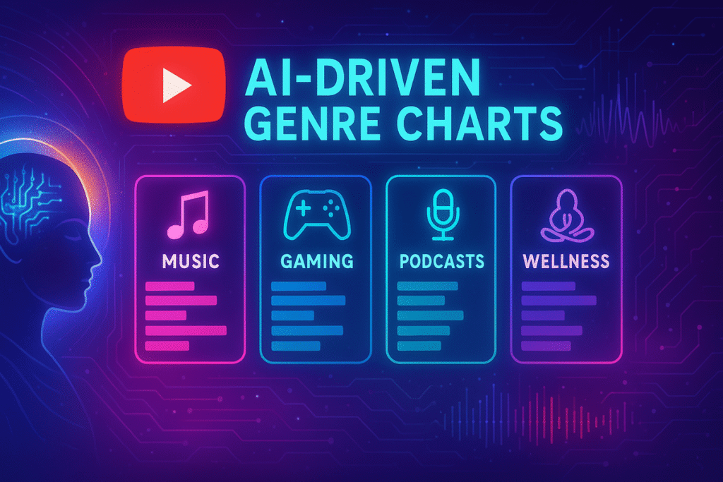 A futuristic digital interface for YouTube’s AI-Driven Genre Charts replaces the traditional Trending page. Neon-bordered cards represent Music, Gaming, Podcasts, and Wellness, each with bold white icons and vibrant backgrounds. A serene, blue-hued female AI figure with glowing circuitry and a radiant halo symbolizes intelligent personalization and spiritual harmony. The layout blends technology with cosmic design, set against a deep blue digital background with floating icons and navigation bars.