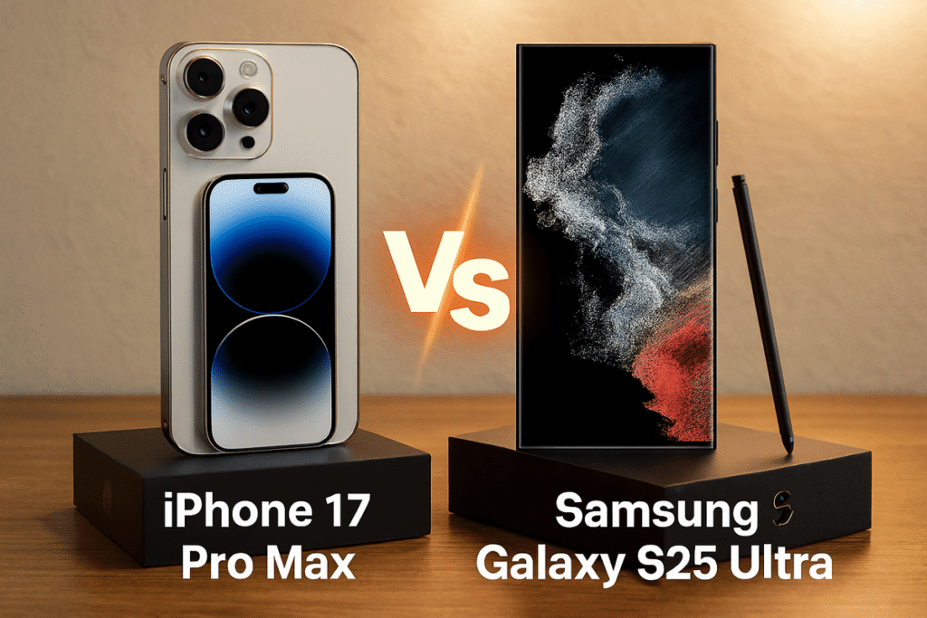 Realistic smartphone unboxing scene showing iPhone 17 Pro Max vs Samsung Galaxy S25 Ultra on their retail boxes with warm lighting on a wooden surface, includes embossed branding and stylus beside Samsung device.