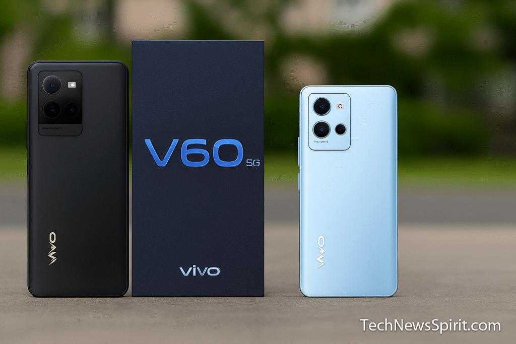 Two vivo V60 5G smartphones in black and light blue shown from different angles alongside the retail box, placed on a realistic outdoor surface with blurred greenery and building in the background. Camera modules and branding are clearly visible.
