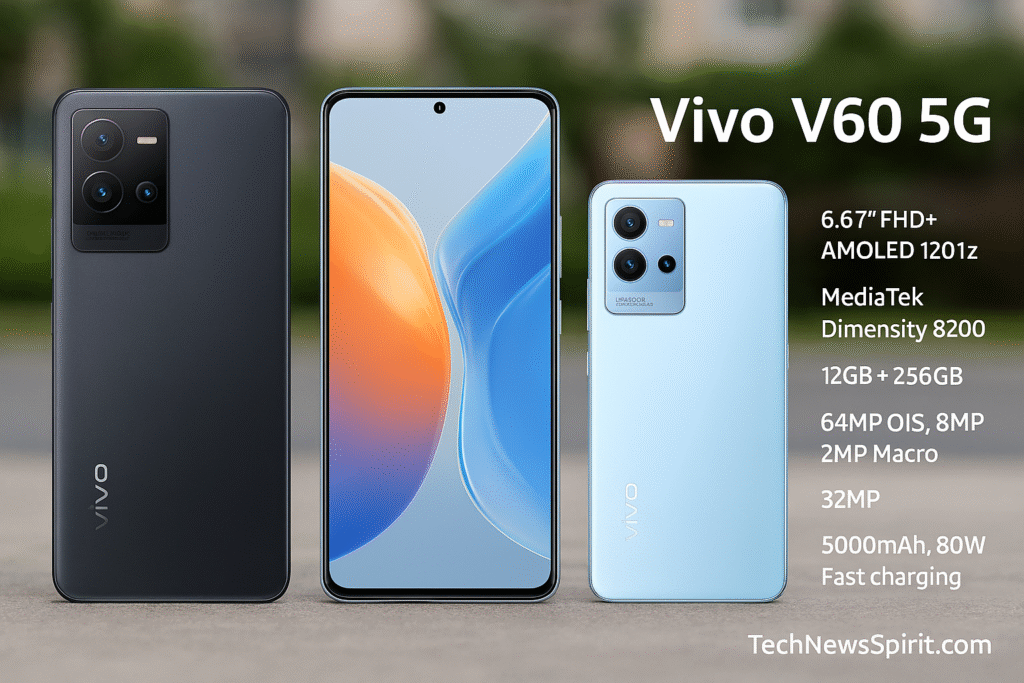 Three vivo V60 5G smartphones displayed in different colors and angles front view with AMOLED screen, and two rear views showing camera modules set against a realistic outdoor background with key specifications listed. TechNewsSpirit.com watermark included.