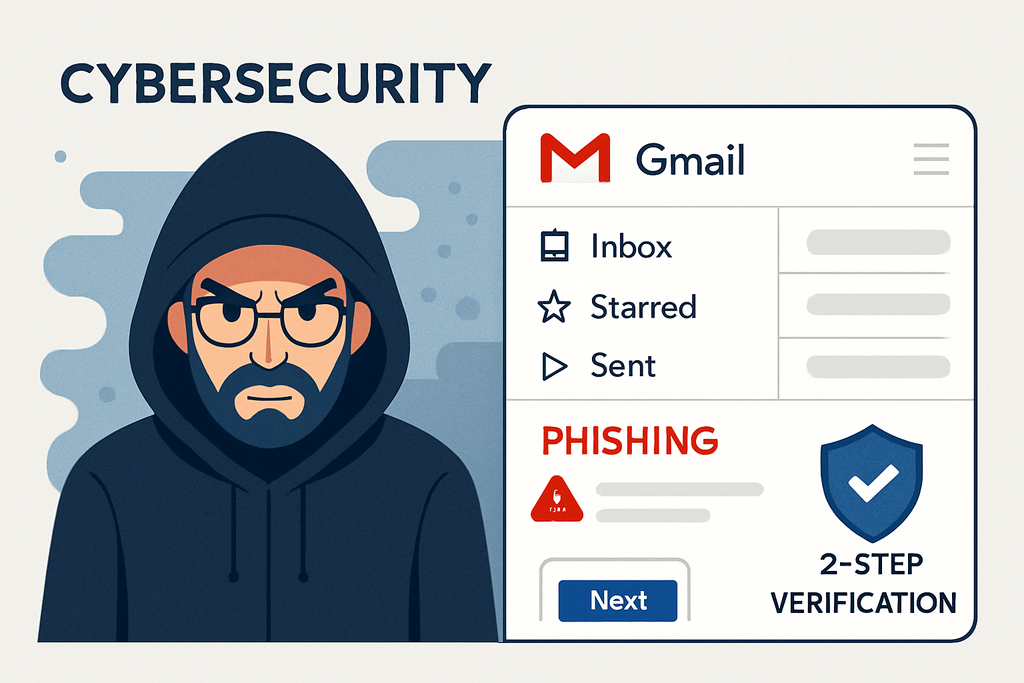 Cybersecurity concept showing hacker warning with Gmail interface highlighting phishing and two-step verification icons