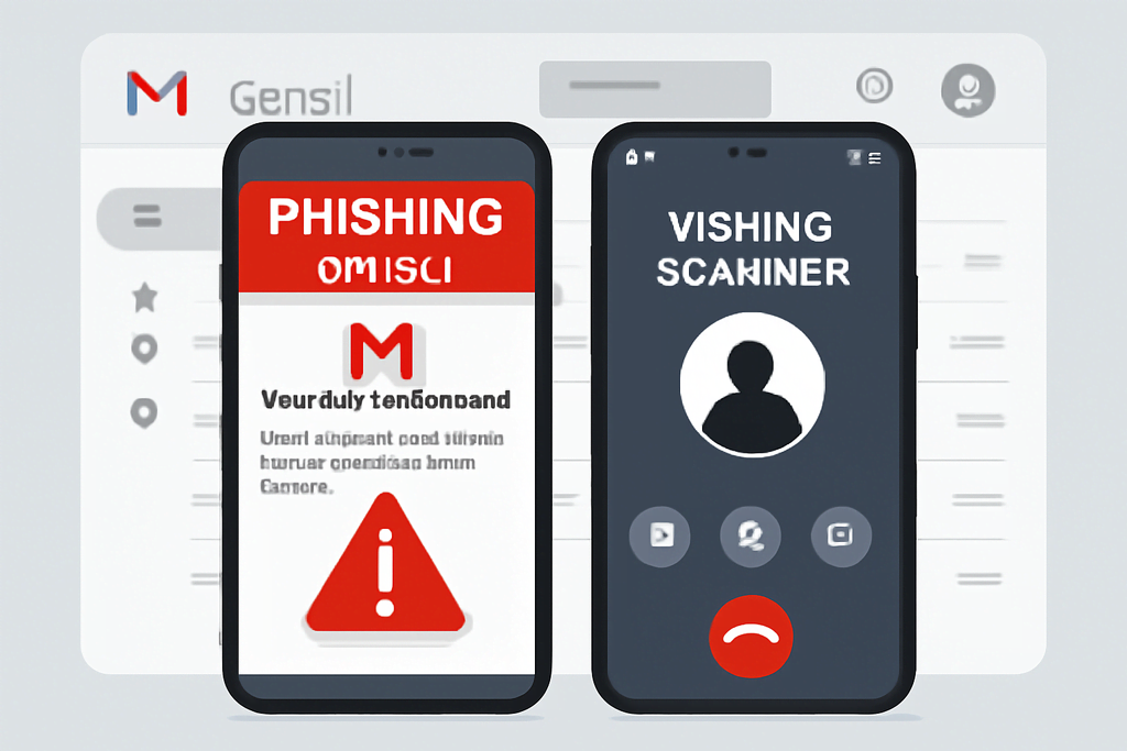 Google urgent Gmail security warning Depiction of phishing and vishing scams targeting Gmail users with fake phone call and fraudulent email visuals