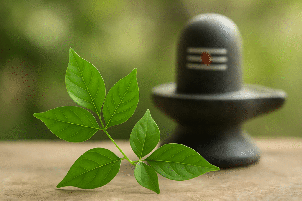 Fresh green Bel Patra leaves arranged near a Shiva Lingam symbolizing purity and devotion.