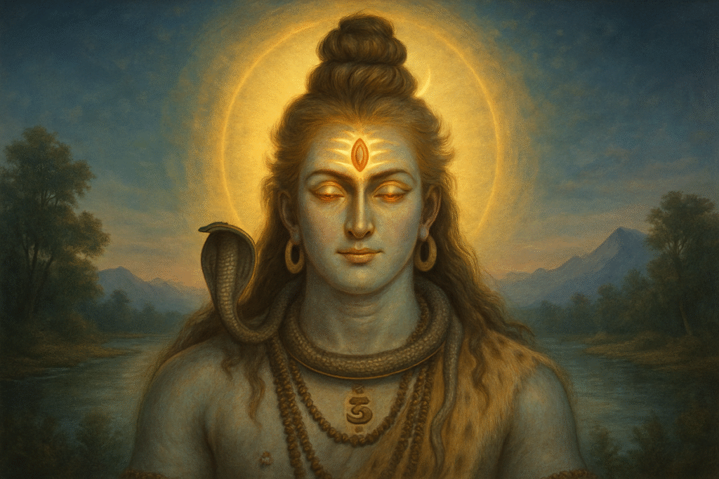 Illustration of Lord Shiva with three eyes glowing, representing spiritual power and connection with Bel Patra offering.