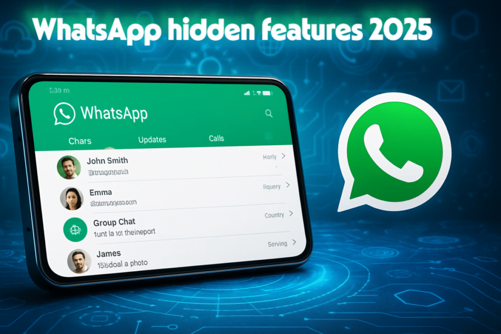 Featured image showing a sleek smartphone with WhatsApp app on screen and futuristic vibrant tech-themed background, with bold headline 'WhatsApp hidden features 2025'"