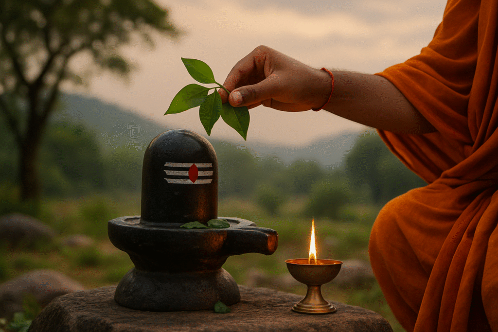 Fresh green Bel Patra leaves arranged near a Shiva Lingam symbolizing purity and devotion.