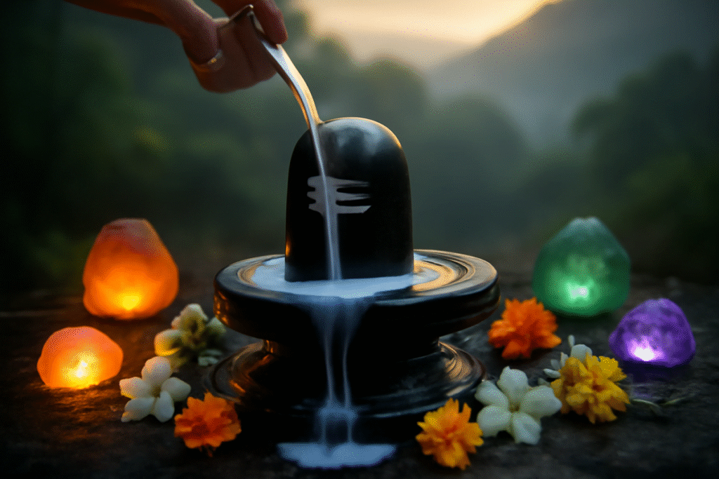 Shiva Lingam being poured with milk during Abhishekam, surrounded by flowers including Bel Patra, representing sacred worship.