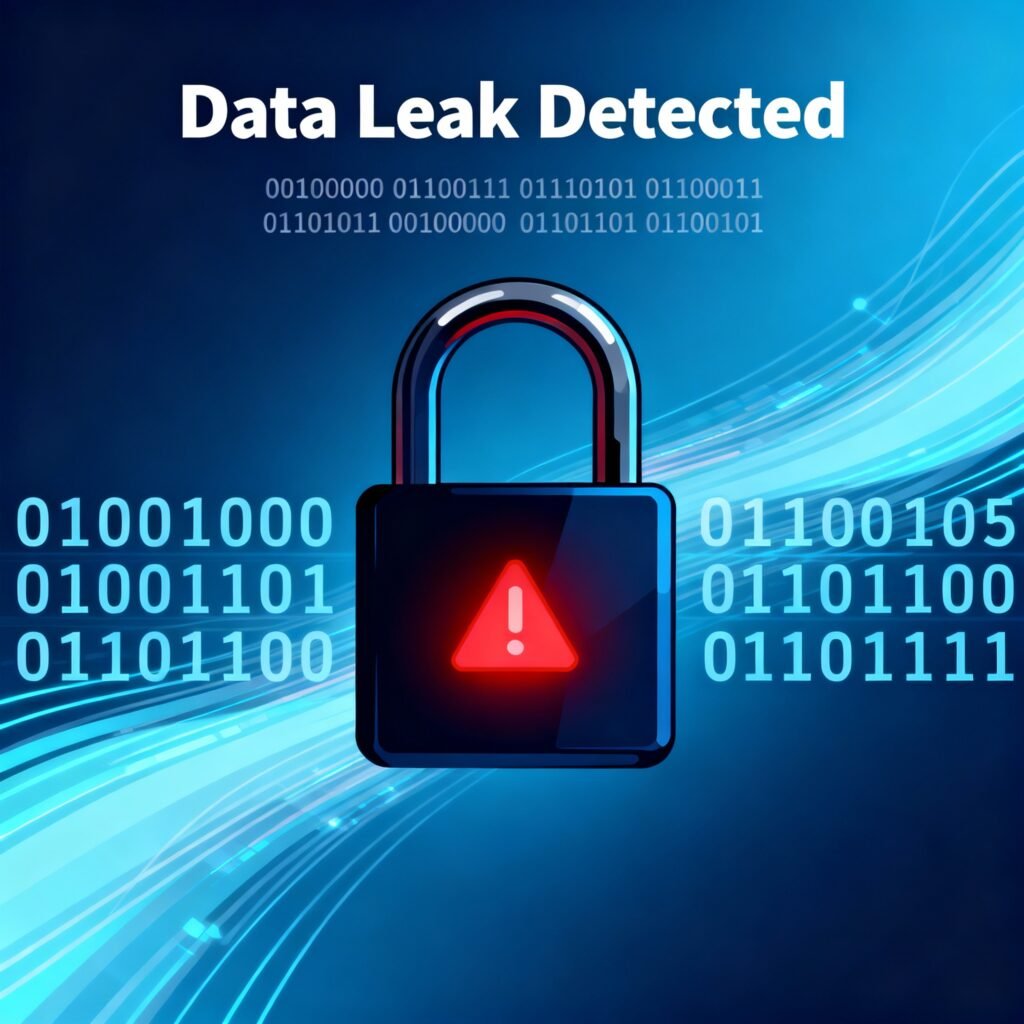 Cybersecurity breach warning with digital lock and leaked data. 2025 data leakage