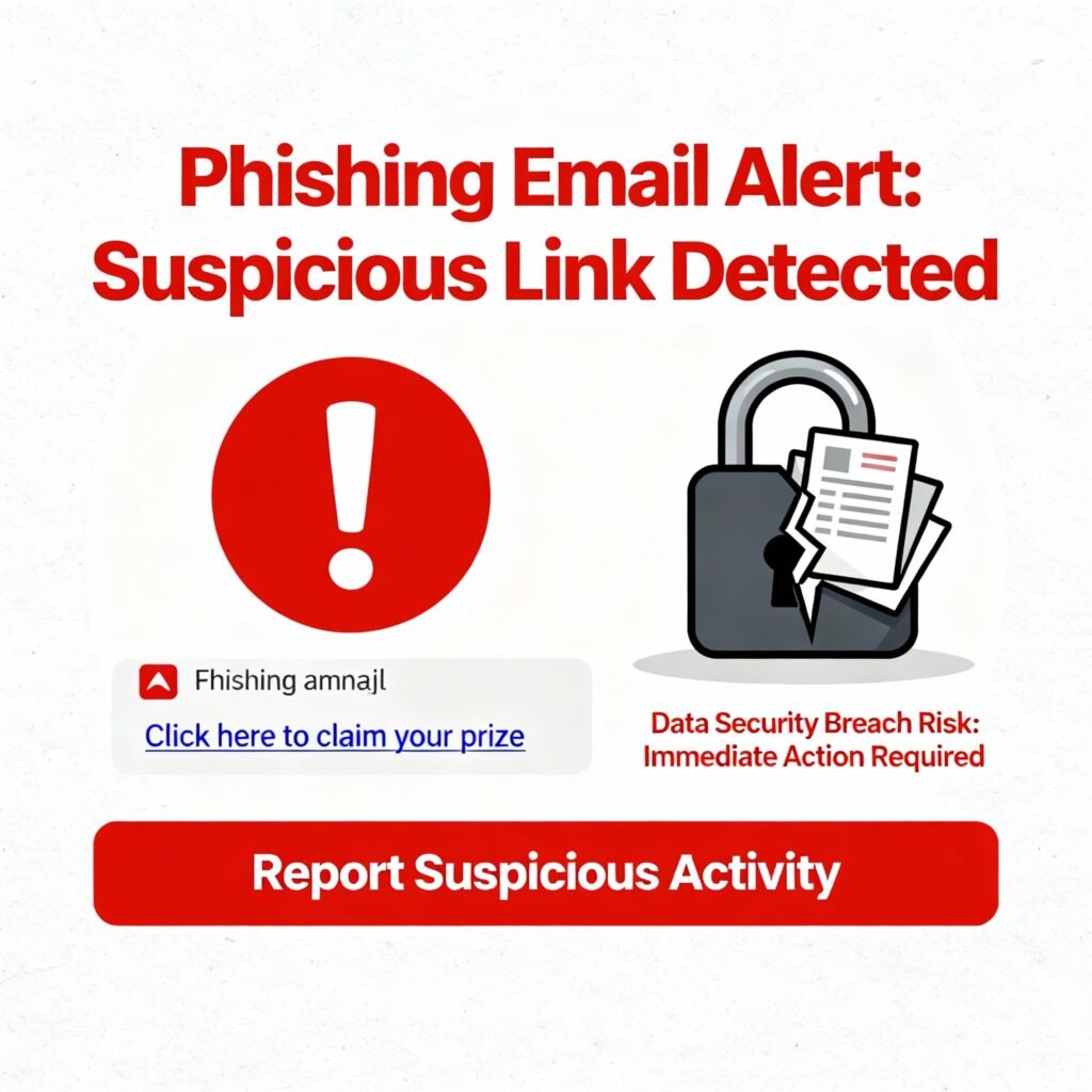 Alt text for image: "Phishing email warning and data security breach risk"