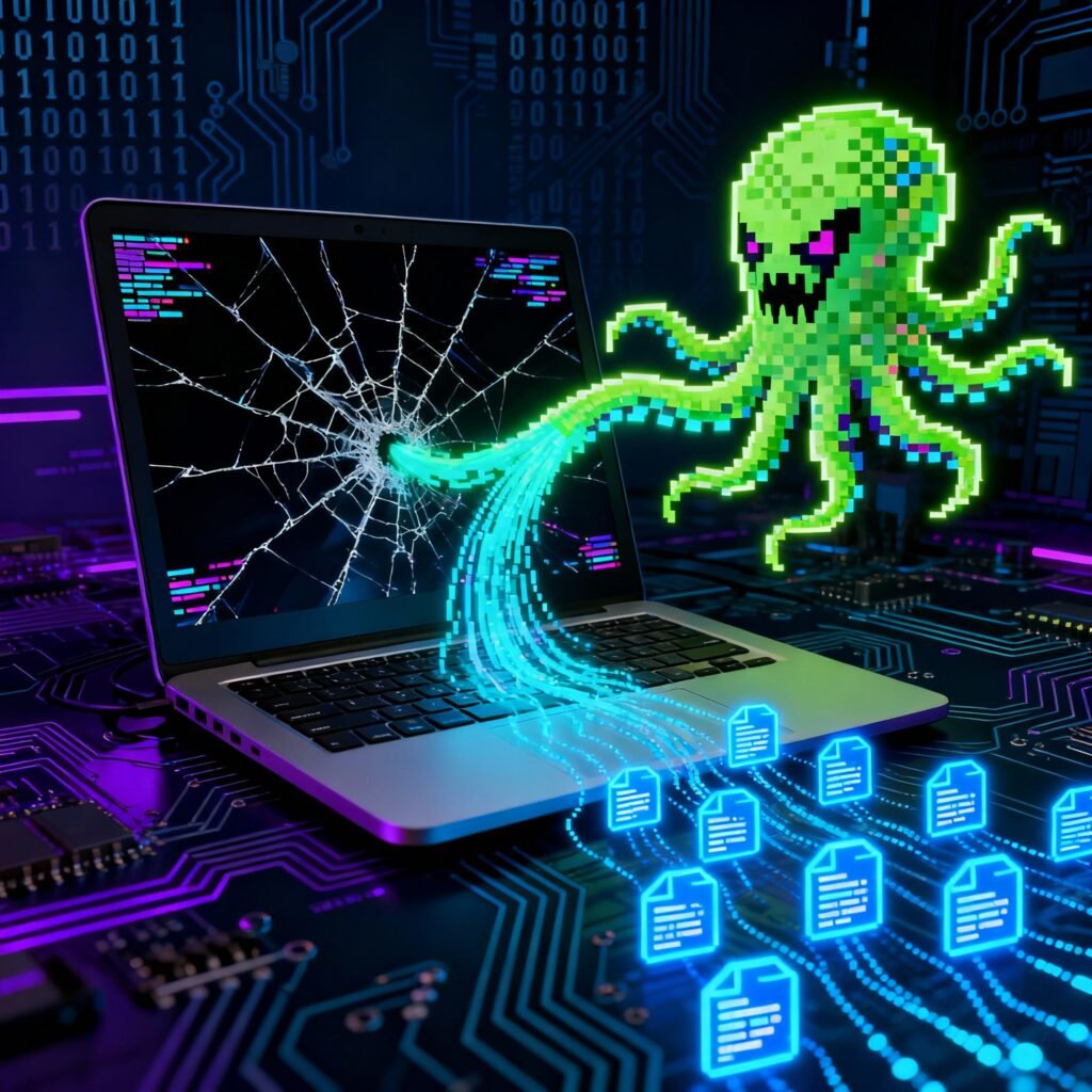 Alt text for image: "Infostealer malware concept showing data theft from computer"